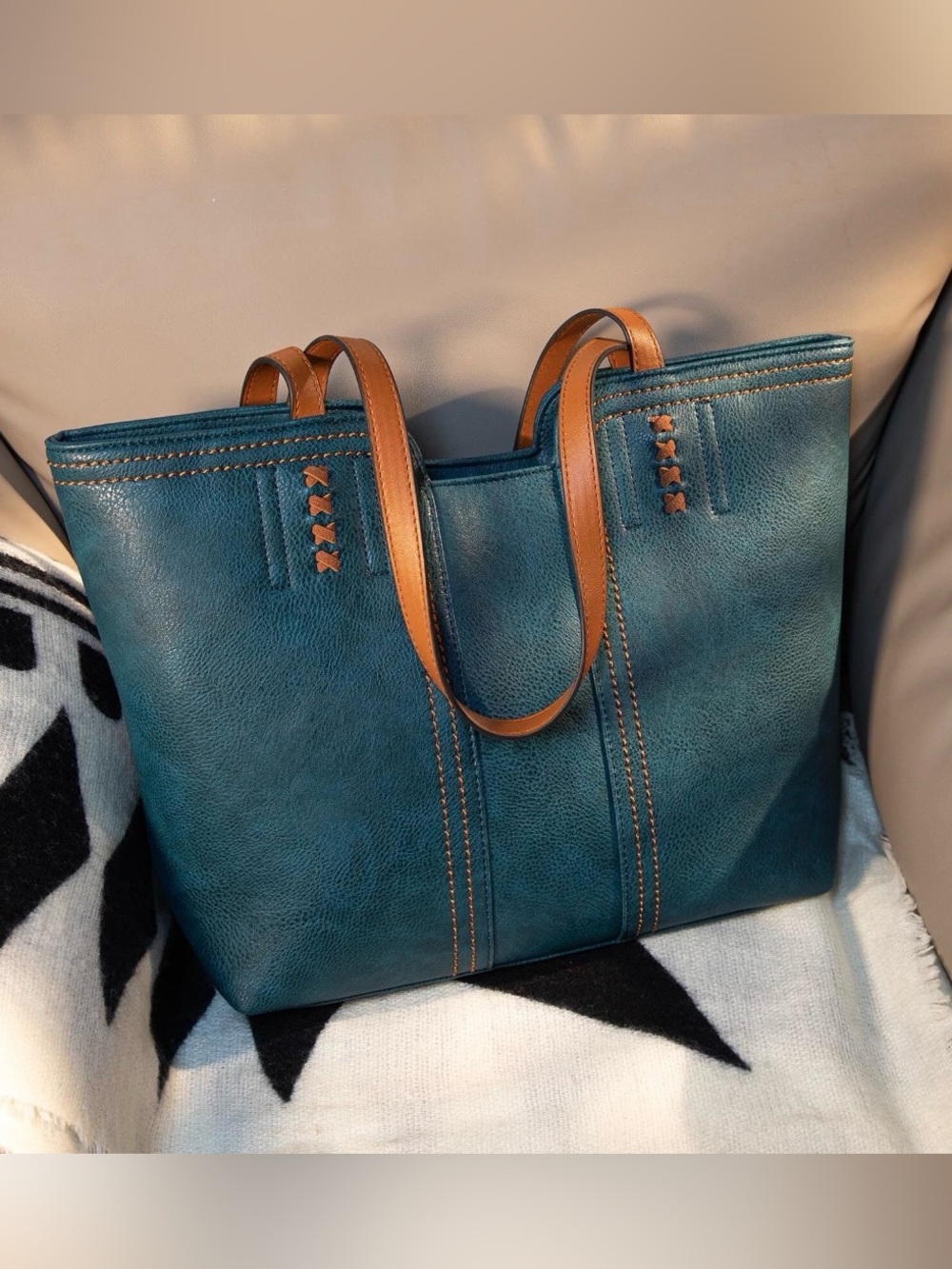 Montana West Teal Tote with Tan Handles